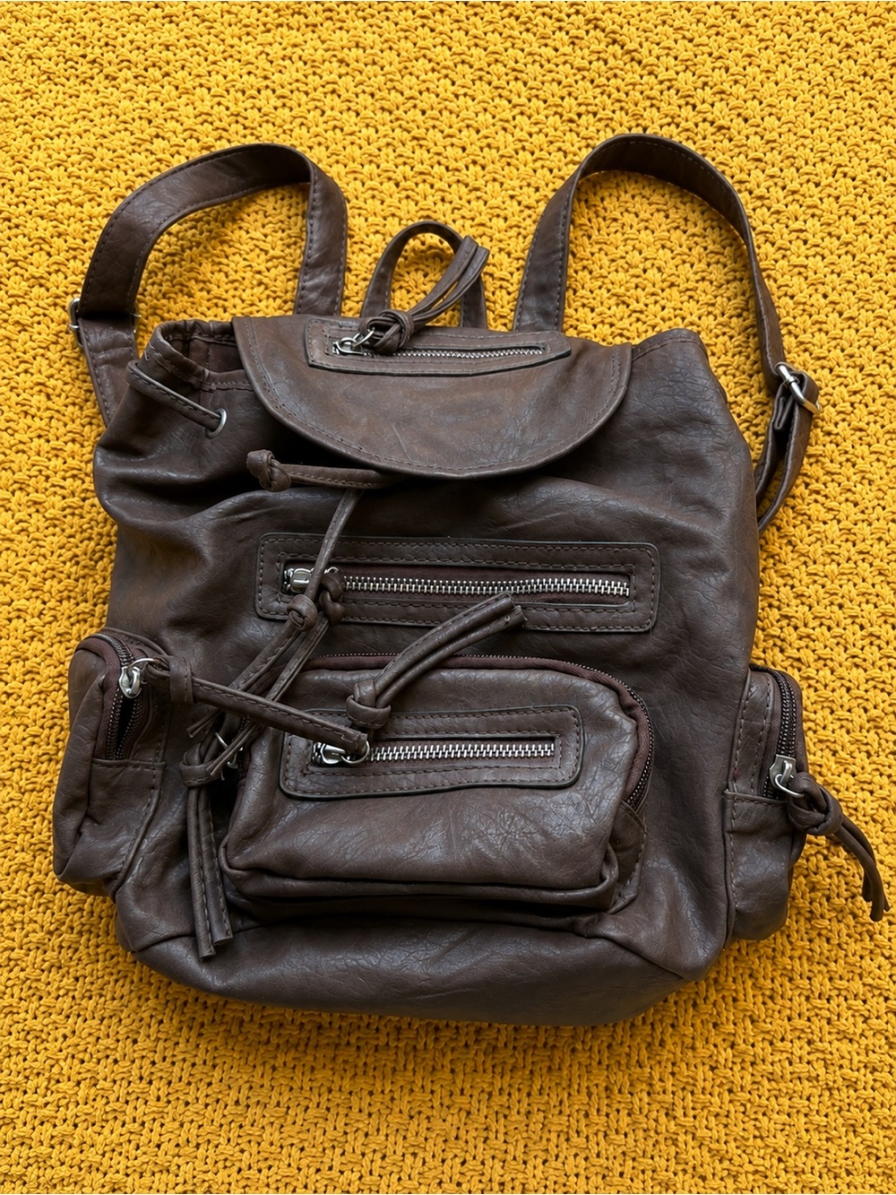 Bueno Brown Faux Leather Mini Backpack Y2K Boho Multi Pocket Utility Bag